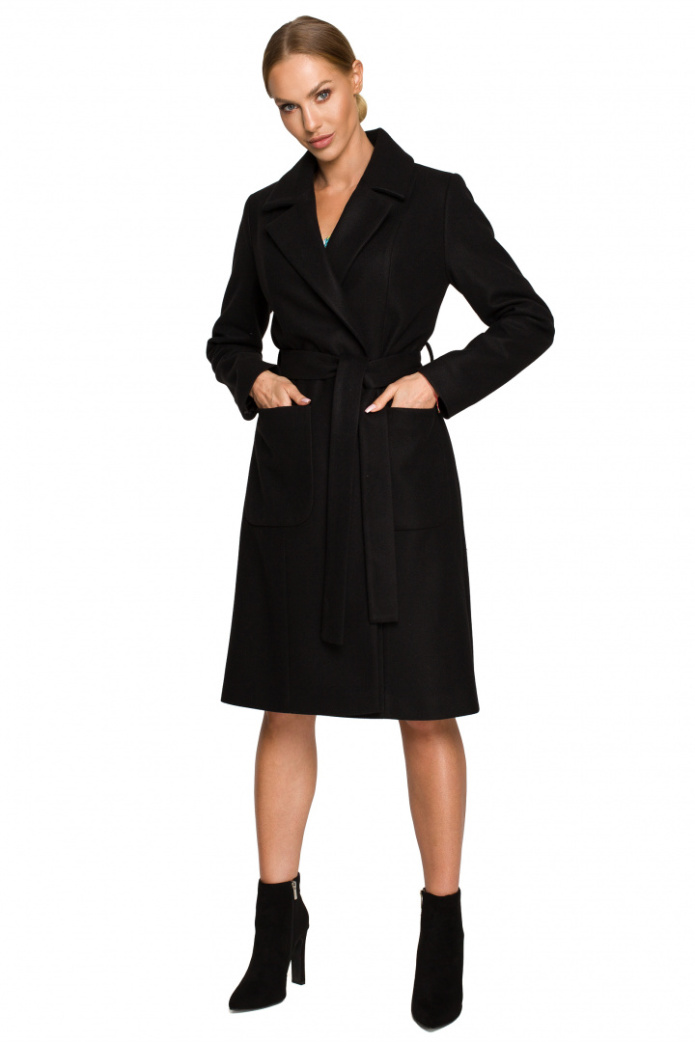 Płaszcz damski flauszowy klasyczny bez zapięcia wiązany czarny